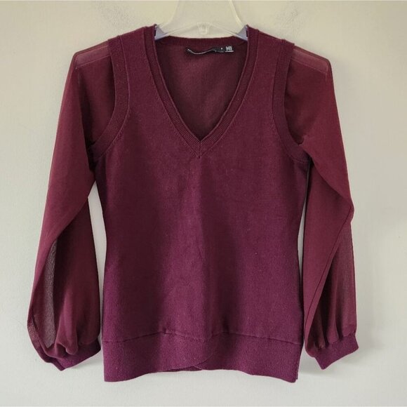 KAREN MILLEN | V-neck Sweater Vest Chiffon Sleeves Burgundy Red Sz S - Picture 2 of 7